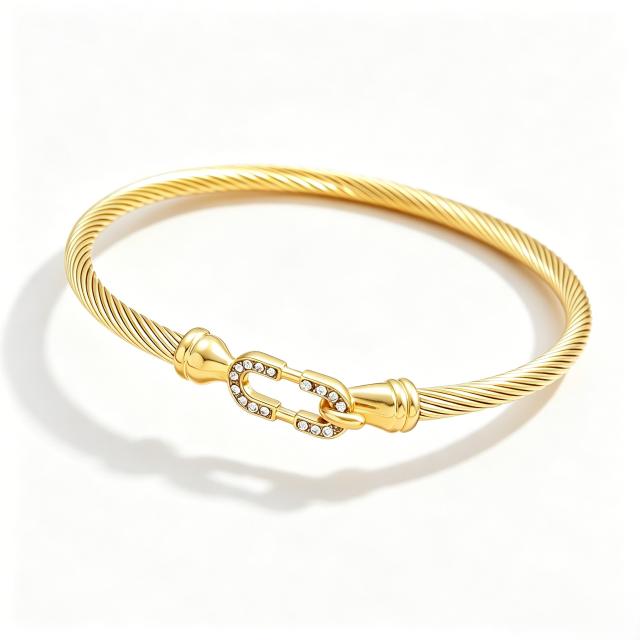 Stainless Steel bangle Wire Rope Bracelet with Diamond-Encrusted Horseshoe Clasp