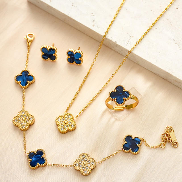 13mm colorful diamond clover stainless steel necklace bracelet earrings rings set