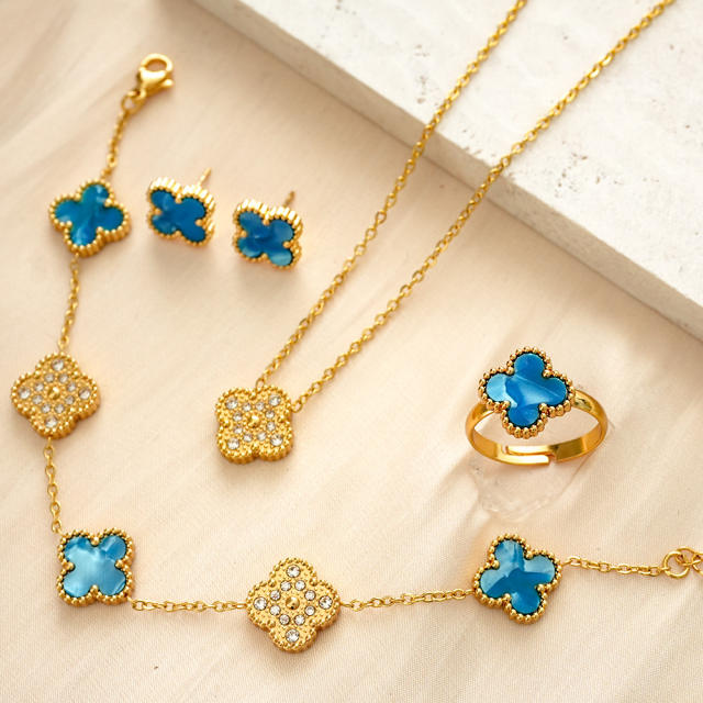 13mm colorful diamond clover stainless steel necklace bracelet earrings rings set