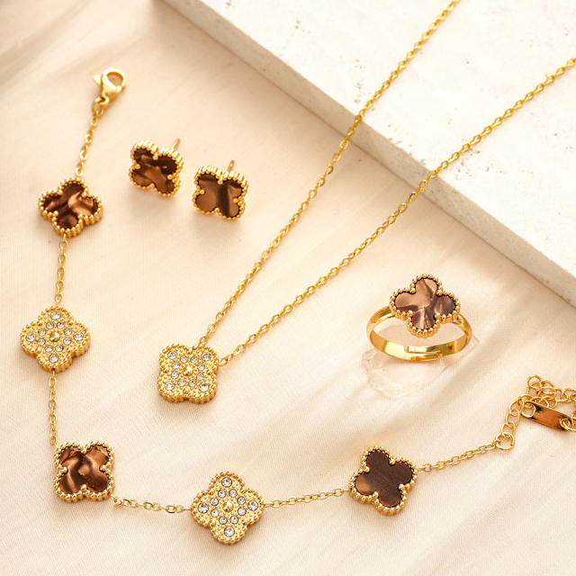 13mm colorful diamond clover stainless steel necklace bracelet earrings rings set