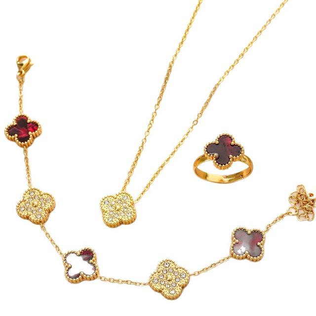 13mm colorful diamond clover stainless steel necklace bracelet earrings rings set