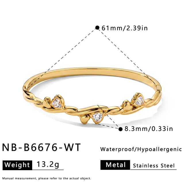 Fashion heart-shaped stainless steel bracelet with zirconia stones
