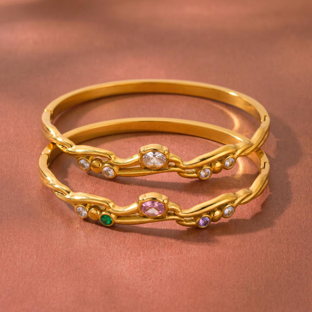 Elegant cubic zircon inlaid stainless steel bangle bracelet