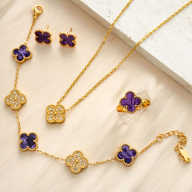 13mm colorful diamond clover stainless steel necklace bracelet earrings rings set