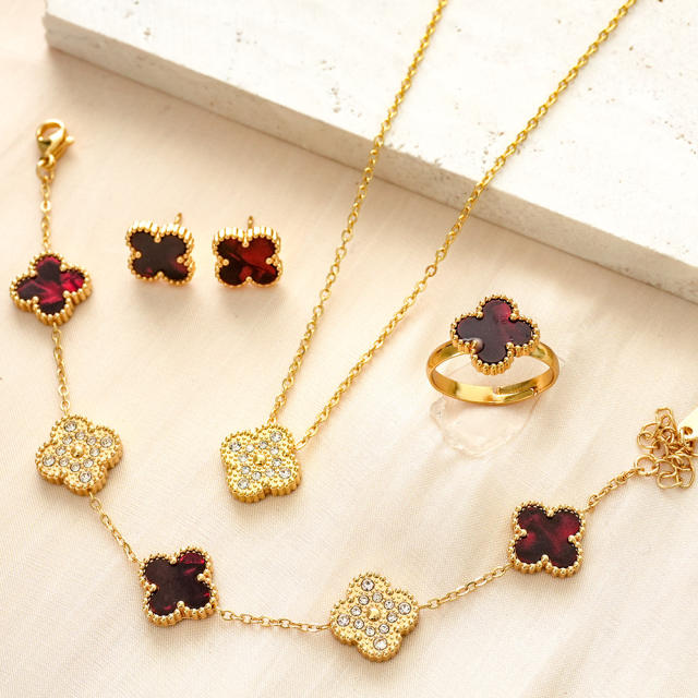 13mm colorful diamond clover stainless steel necklace bracelet earrings rings set