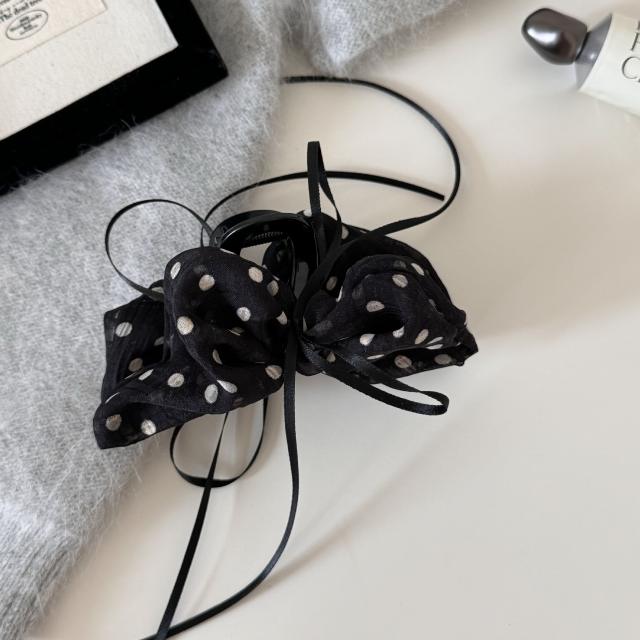 Korean-style pleated polka dot ribbon bow claw clip