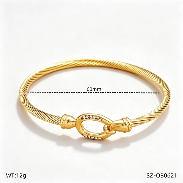 Stainless Steel bangle Wire Rope Bracelet with Diamond-Encrusted Horseshoe Clasp