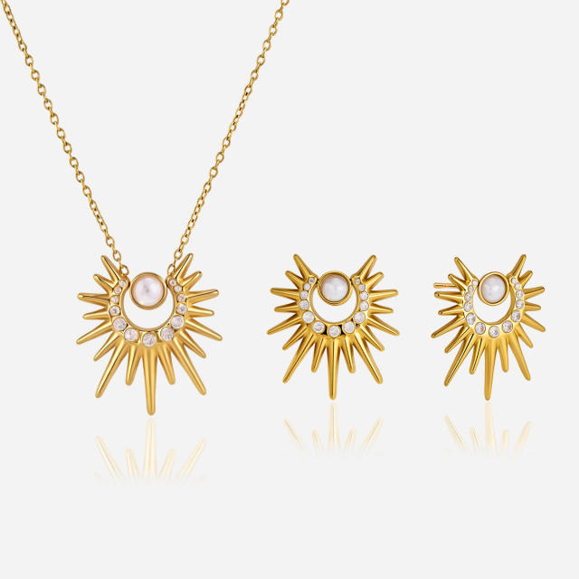 Zircon Sun shape stainless steel necklace earrings set for women