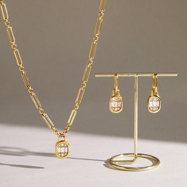 Delicate diamond pendant stainless steel necklace earrings set