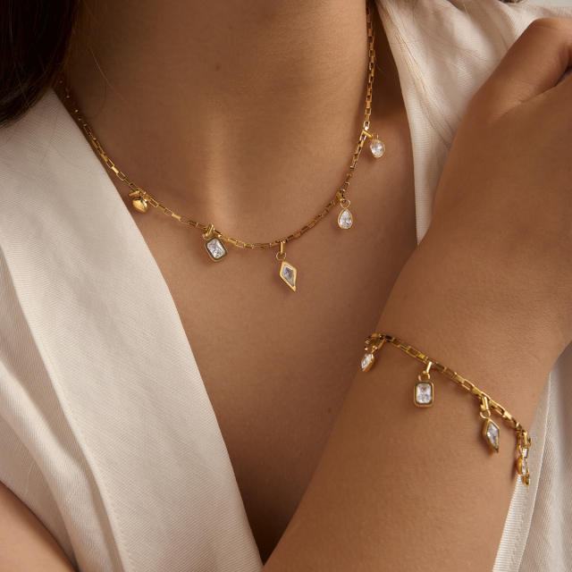18K gold stainless steel necklace bracelet set zircon charm jewelry set