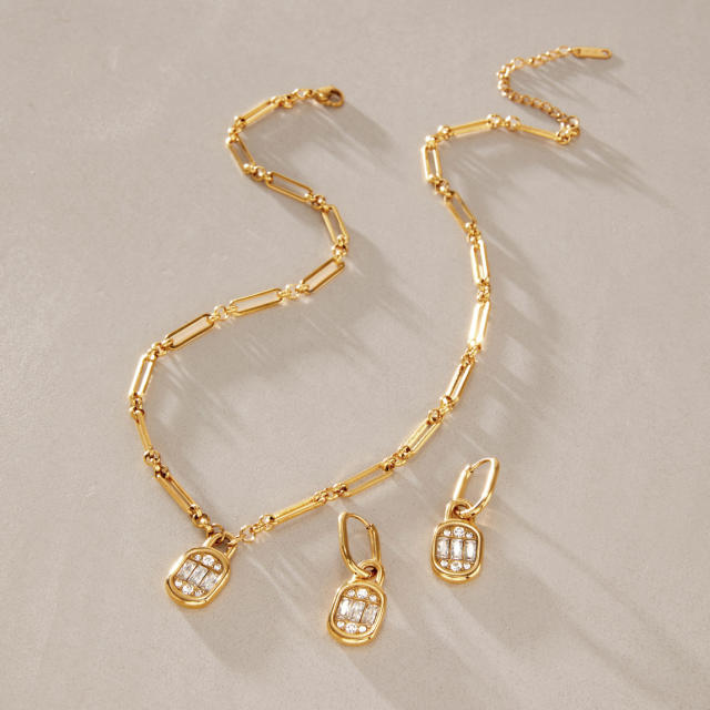Delicate diamond pendant stainless steel necklace earrings set