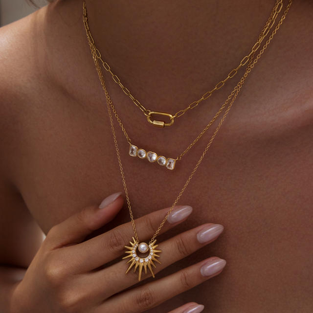 Zircon Sun shape stainless steel necklace earrings set for women