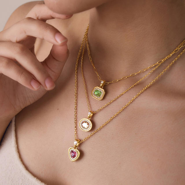 Colorful crystal pendant dainty stainless steel necklace