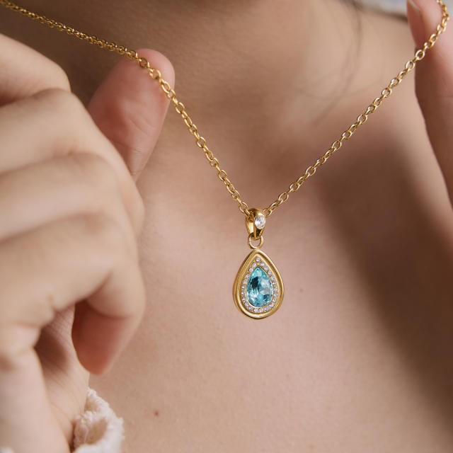 Colorful crystal pendant dainty stainless steel necklace