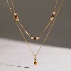 Natural Stone Tiger Eye Stone two layer dainty stainless steel necklace