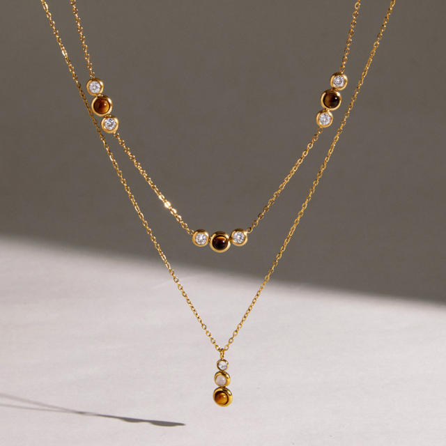 Natural Stone Tiger Eye Stone two layer dainty stainless steel necklace