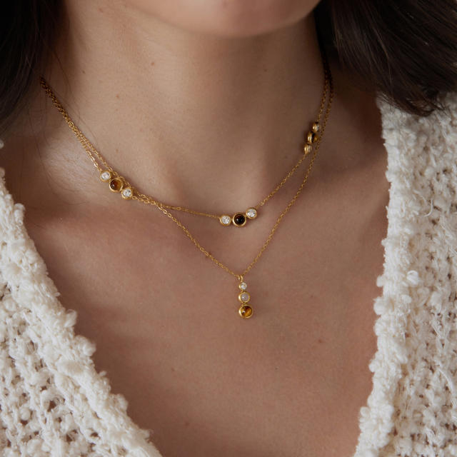 Natural Stone Tiger Eye Stone two layer dainty stainless steel necklace