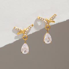 Elegant bow crystal drop earrings stainless steel earrings
