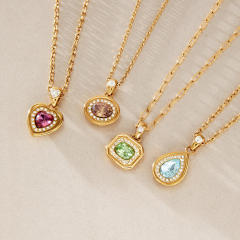 Colorful crystal pendant dainty stainless steel necklace