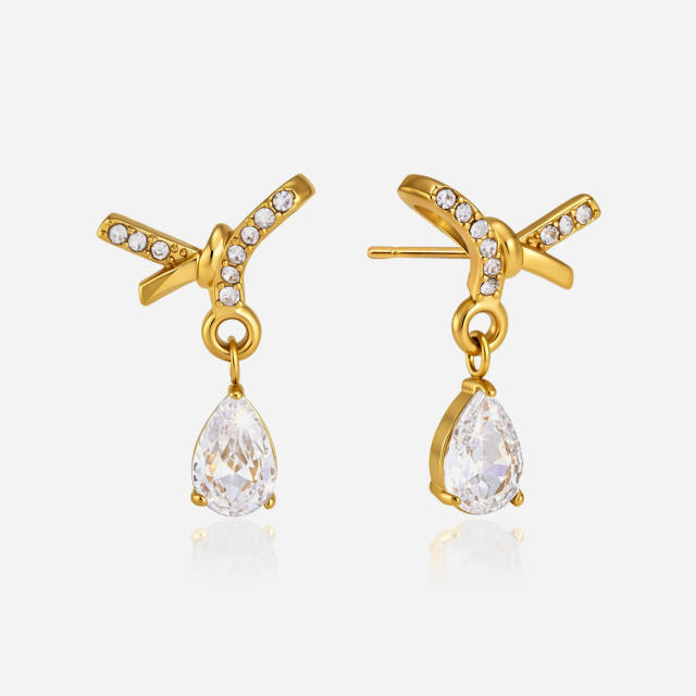 Elegant bow crystal drop earrings stainless steel earrings