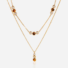 Natural Stone Tiger Eye Stone two layer dainty stainless steel necklace