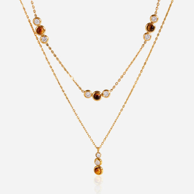 Natural Stone Tiger Eye Stone two layer dainty stainless steel necklace