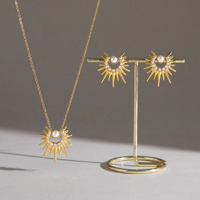 Zircon Sun shape stainless steel necklace earrings set for women