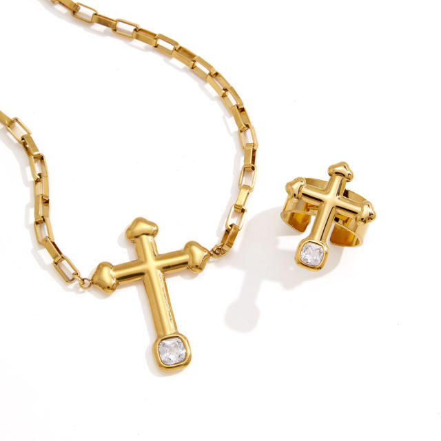 Elegant Titanium Steel Cross Necklace rings set punk trend jewelry set