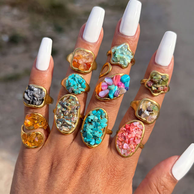 Natural stone inlaid unique design stainless steel rings opening rings