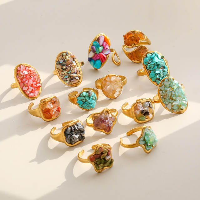 Natural stone inlaid unique design stainless steel rings opening rings