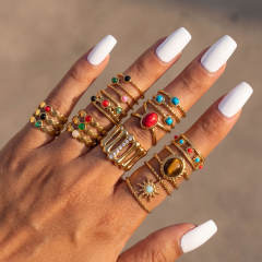 Boho colorful natural stone inlaid stainless steel rings