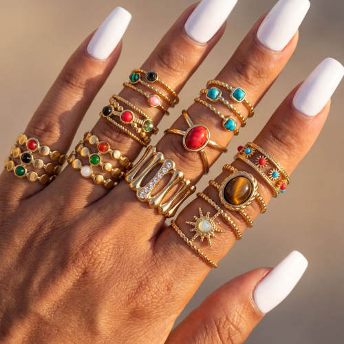 Boho colorful natural stone inlaid stainless steel rings