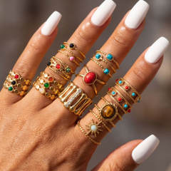 Boho colorful natural stone inlaid stainless steel rings