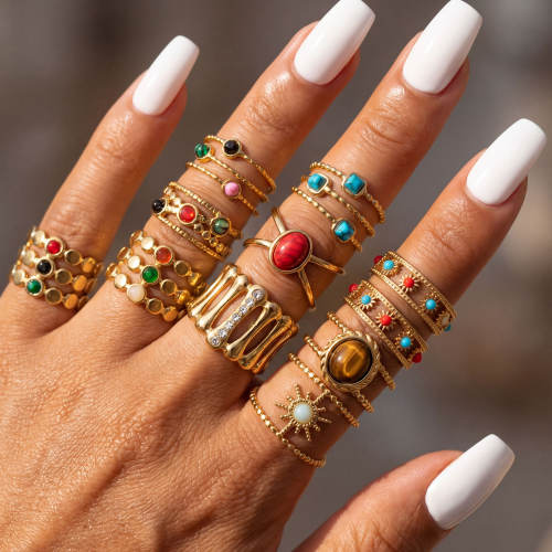Boho colorful natural stone inlaid stainless steel rings