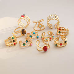 Boho colorful natural stone inlaid stainless steel rings