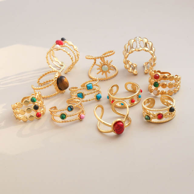 Boho colorful natural stone inlaid stainless steel rings