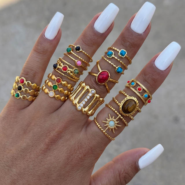 Boho colorful natural stone inlaid stainless steel rings