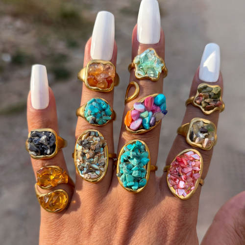 Natural stone inlaid unique design stainless steel rings opening rings