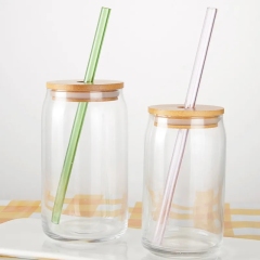 Beer can Shape Glass with Bamboo Lid and Straw