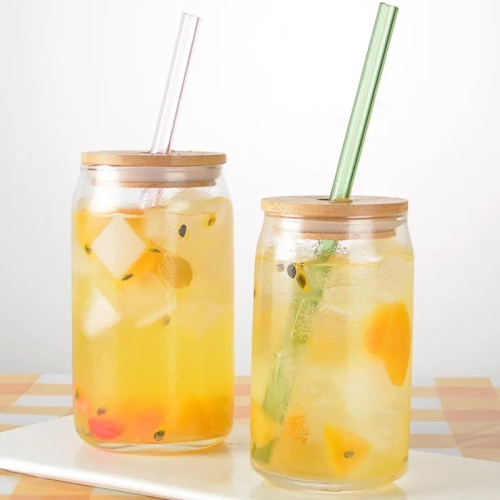 Beer can Shape Glass with Bamboo Lid and Straw