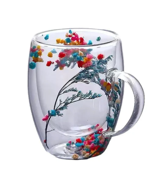 double wall glass cups with the real flowers