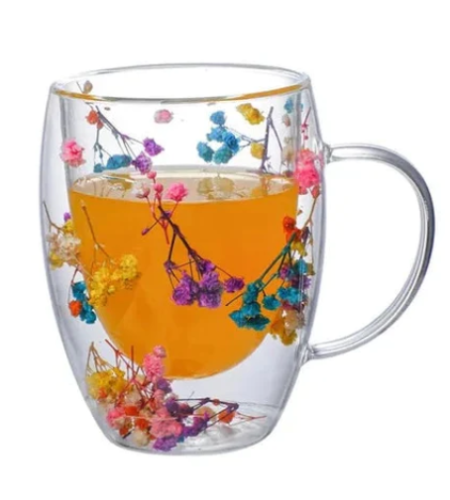 double wall glass mugs with real dried flowers