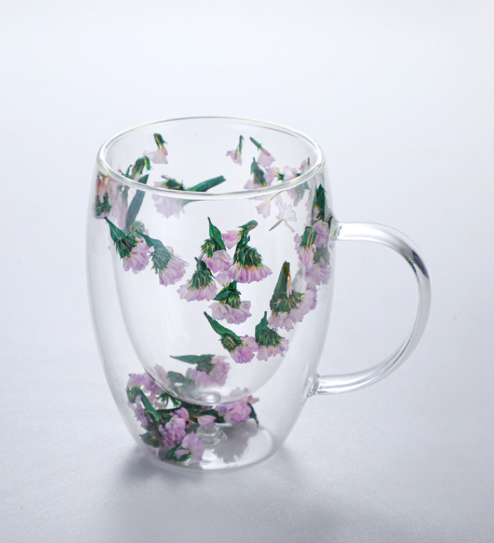 double wall glass mugs with real dried flowers