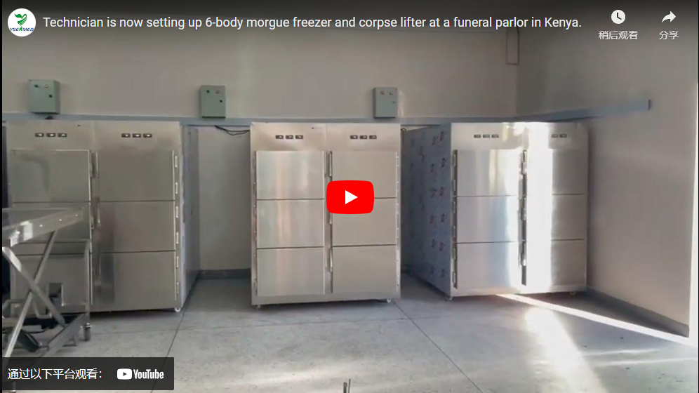 Technician is now setting up 6-body morgue freezer and corpse lifter at a funeral parlor in Kenya.