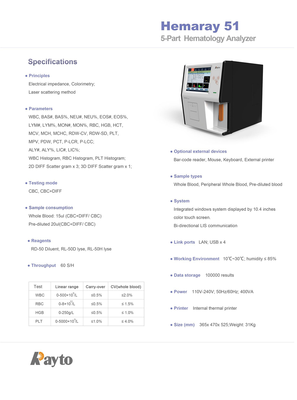 Rayto Hemaray 51 CBC 5-Part Auto Hematology Analyzer,Hematology Analyzer