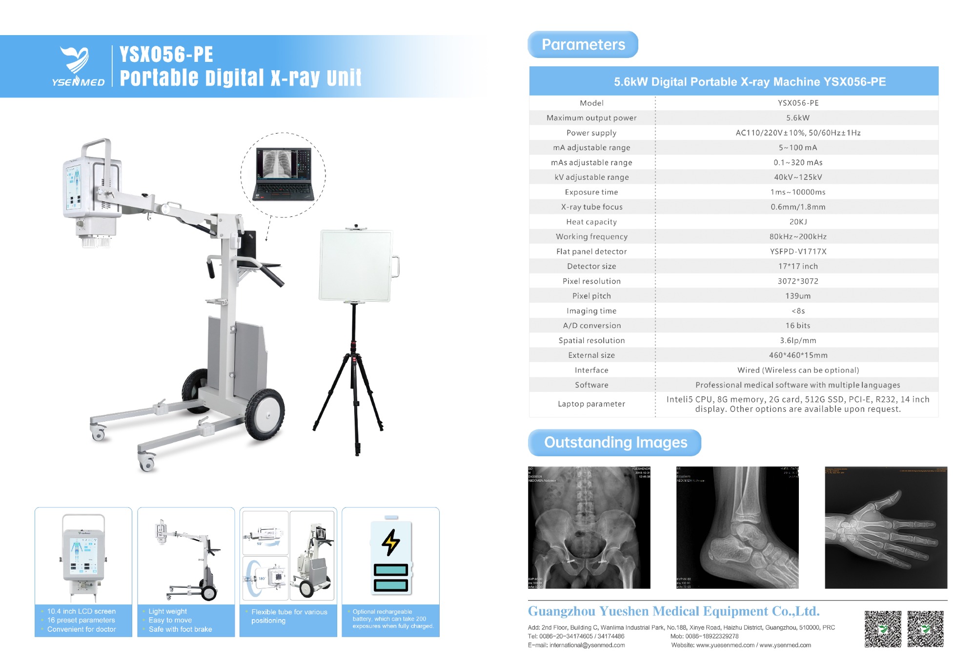 5.6kw 100mA Medical Portable & Mobile Digital X Ray Machine YSX056