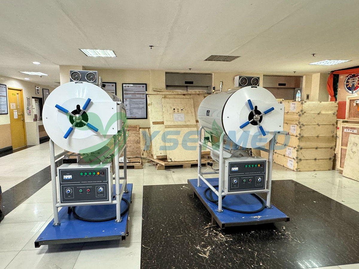 Two horizontal cylindrical pressure steam sterilizers installed in a hospital in the Philippines