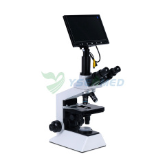 Microscopio biológico de laboratorio con pantalla grande
