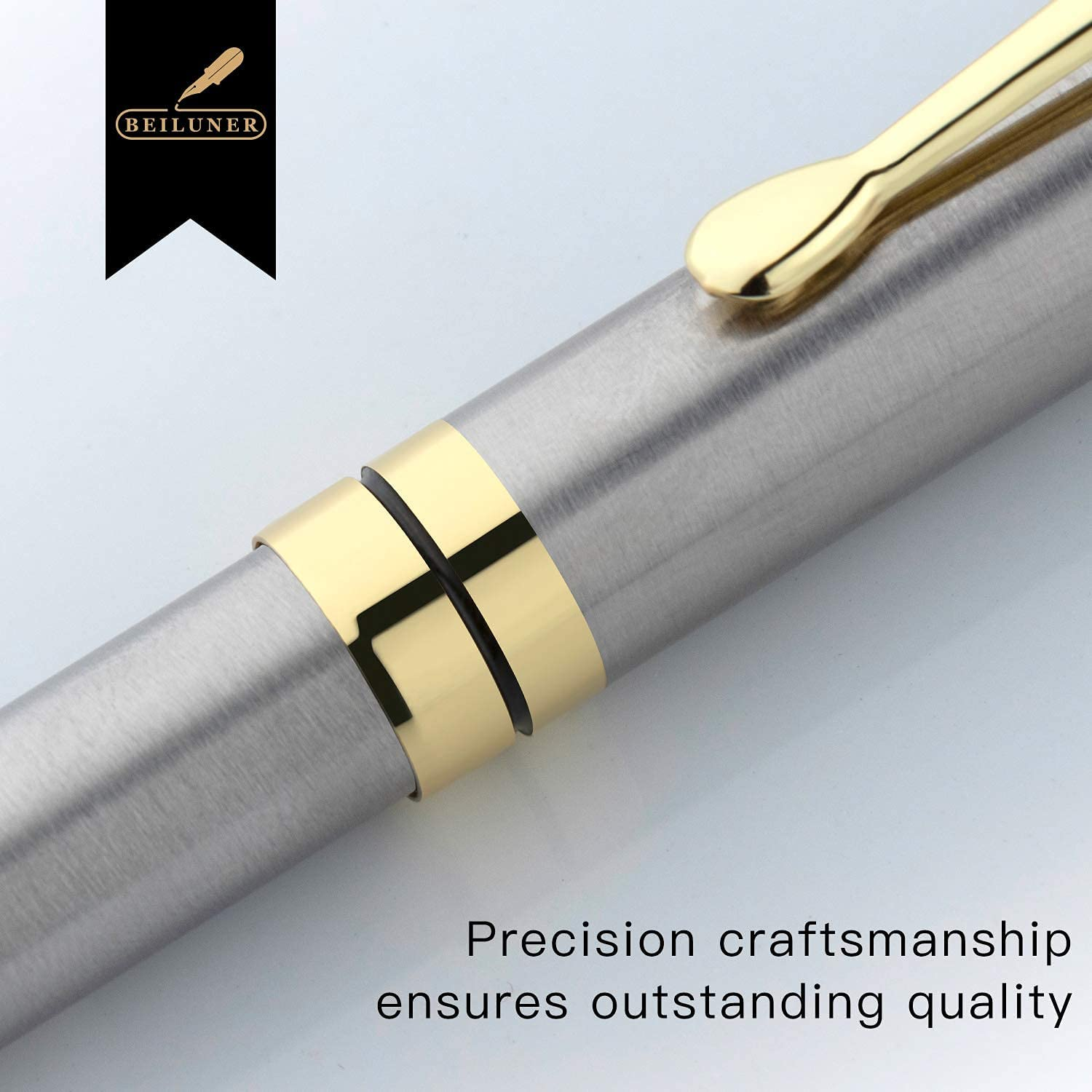 BEILUNER Ballpoint Pens, Stunning Silver Chrome Metal Pen with Golden