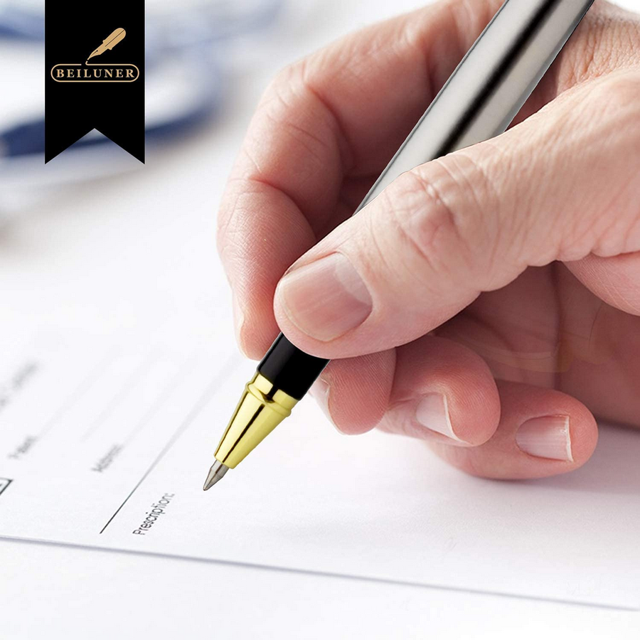 BEILUNER Ballpoint Pens, Stunning Silver Chrome Metal Pen with Golden